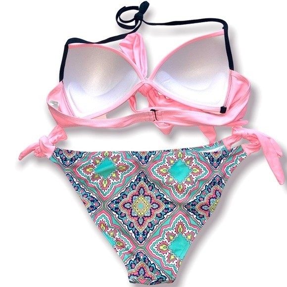 Pink and Aqua Medallion Two Piece Bikini Size XL Juniors - Picture 2 of 7